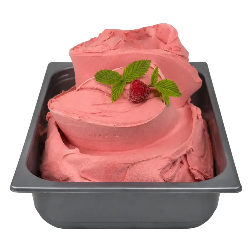 Cubeta de gelato de frambuesa en la vitrina de Temperato