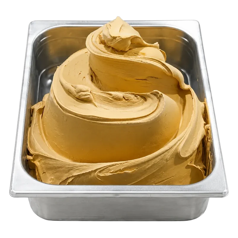 Cubeta de gelato de dulce de leche en la vitrina de Temperato