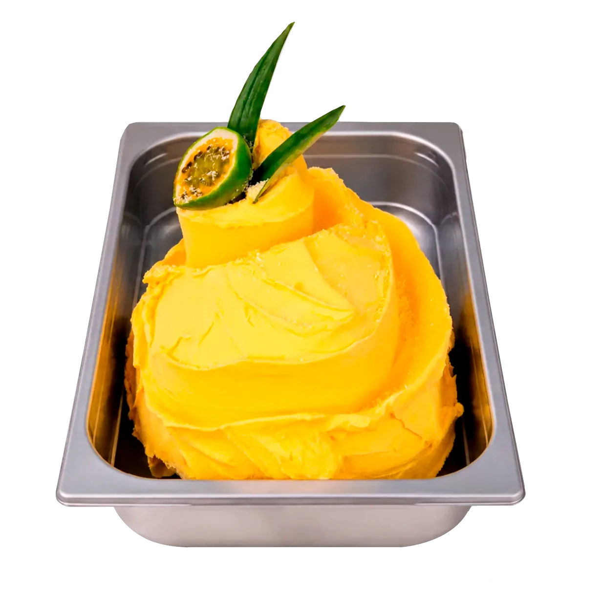 Cubeta de gelato de tropical passion en la vitrina de Temperato
