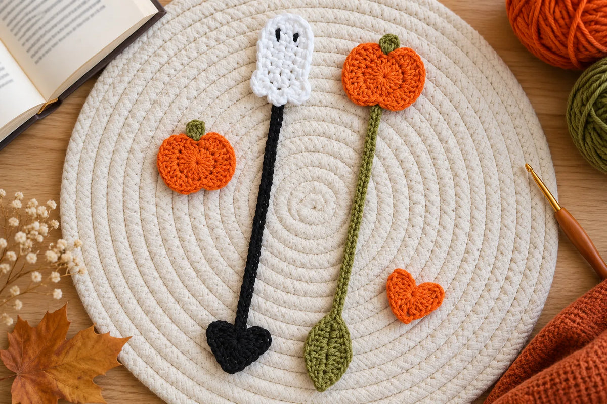 Los dos marcapáginas de ganchillo extendidos sobre un salvamanteles de cuerda: el fantasma blanco con cordón negro y la calabaza naranja con cordón verde, junto a un libro abierto, ovillos naranja y verde, un ganchillo de madera y hojas secas de otoño