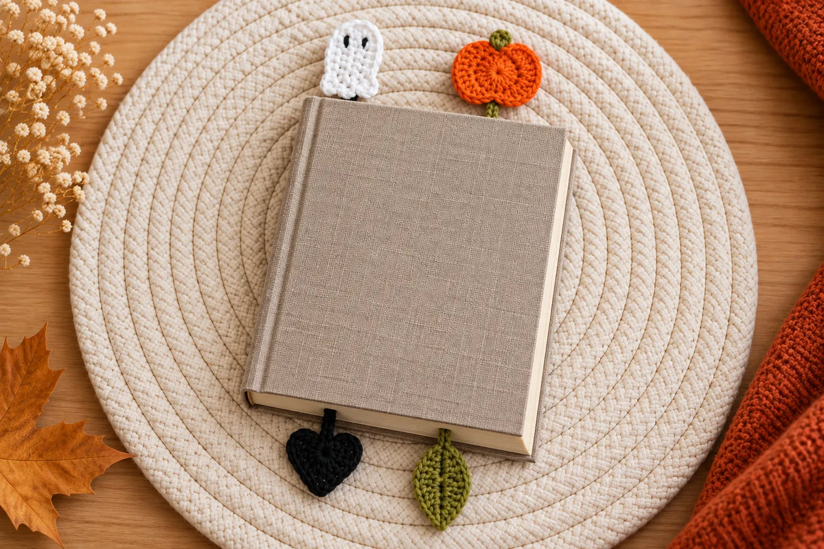 Un libro cerrado con los dos marcapáginas de ganchillo puestos: el fantasma y la calabaza asoman por arriba y el corazón negro y la hoja verde por abajo