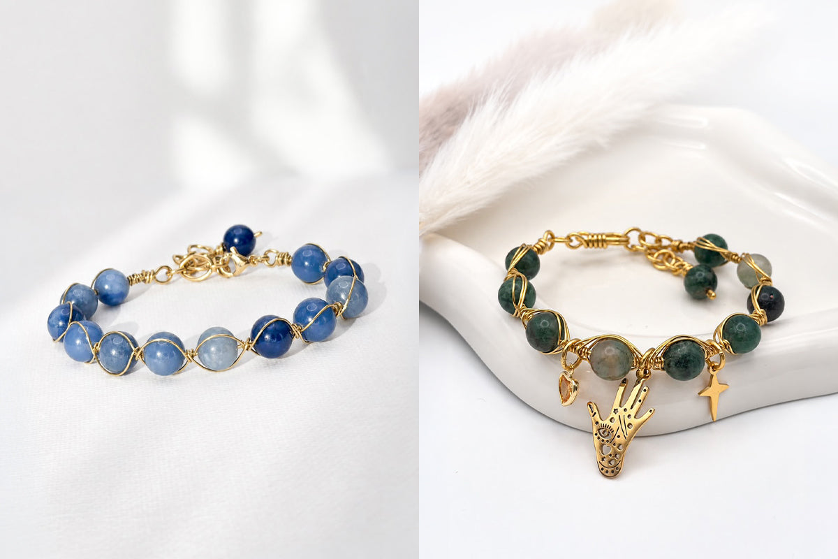 Dos pulseras de piedras naturales: una de tonos azules y otra de piedras verdes con colgantes dorados de mano de Fatima y estrella