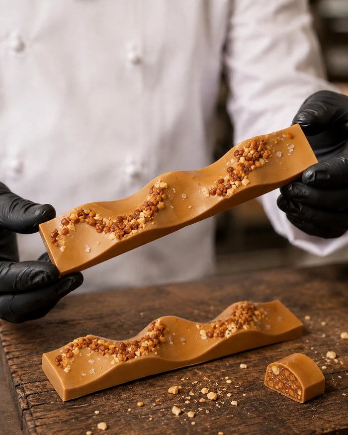 Tableta de turrón de caramelo salado con avellana caramelizada y escamas de sal, con una porción cortada que enseña el interior