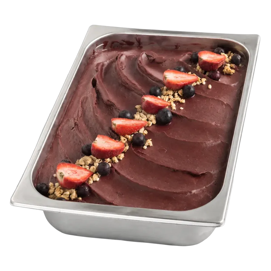 Cubeta de gelato de açaí en la vitrina de Temperato