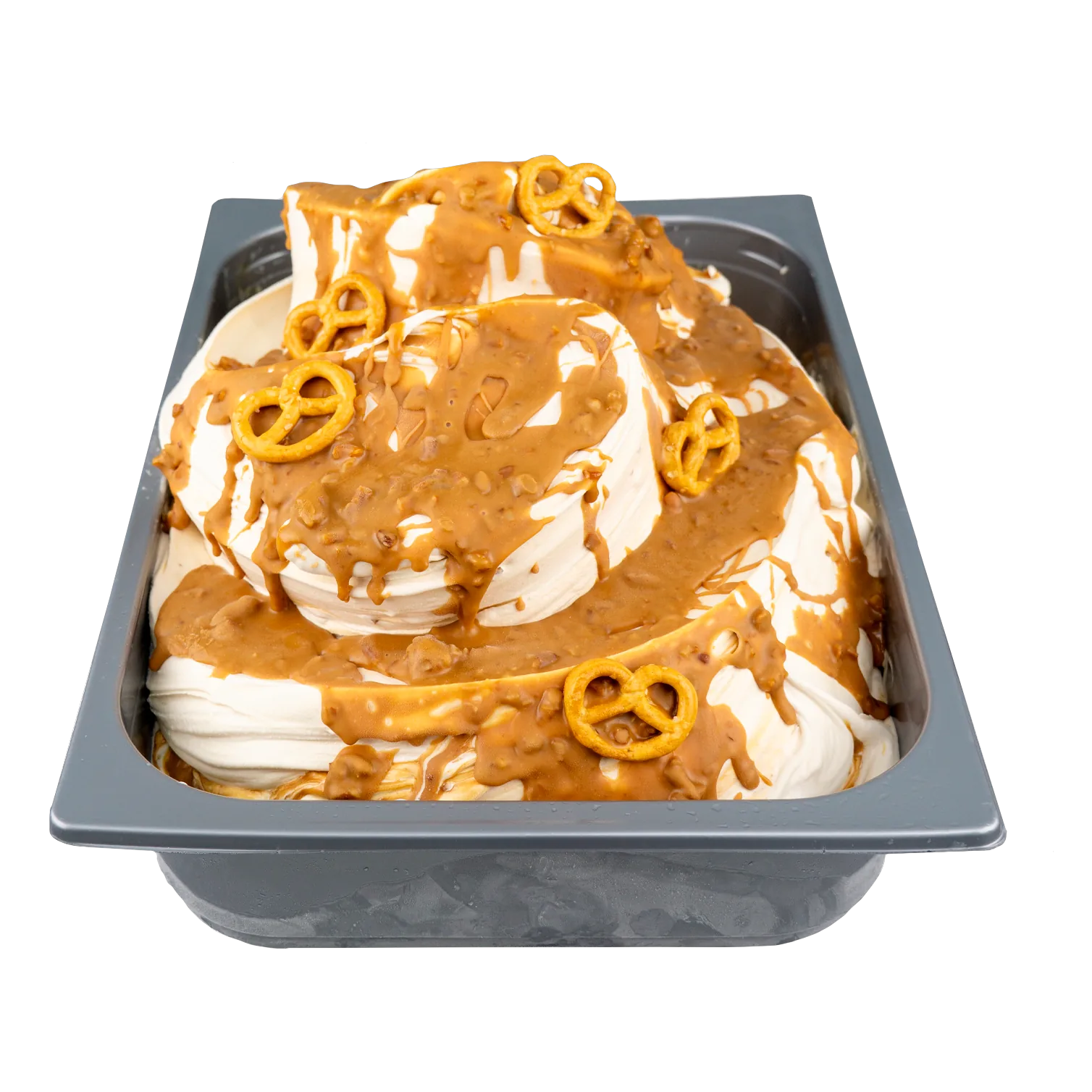 Cubeta de gelato de bretzel en la vitrina de Temperato