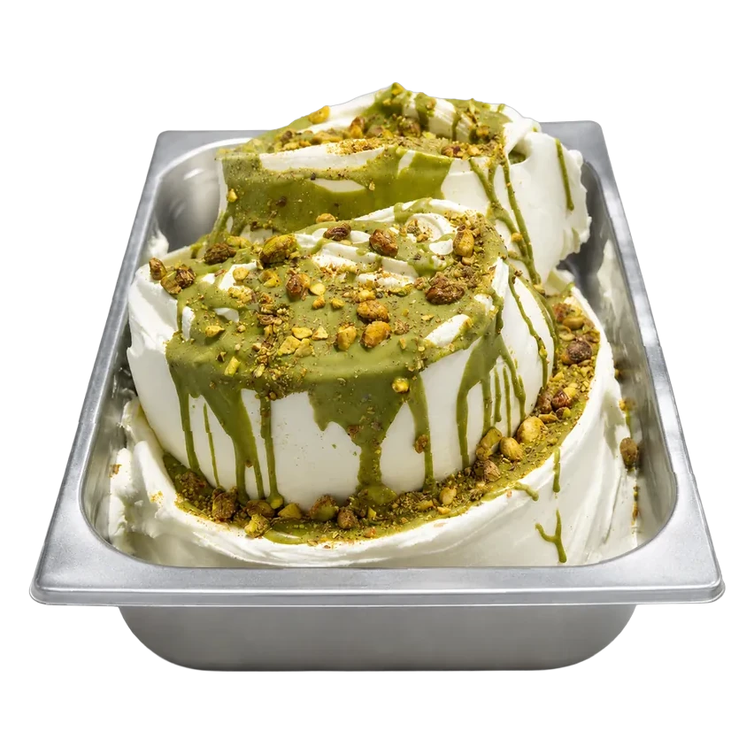 Cubeta de gelato de chocolate blanco pistacho en la vitrina de Temperato