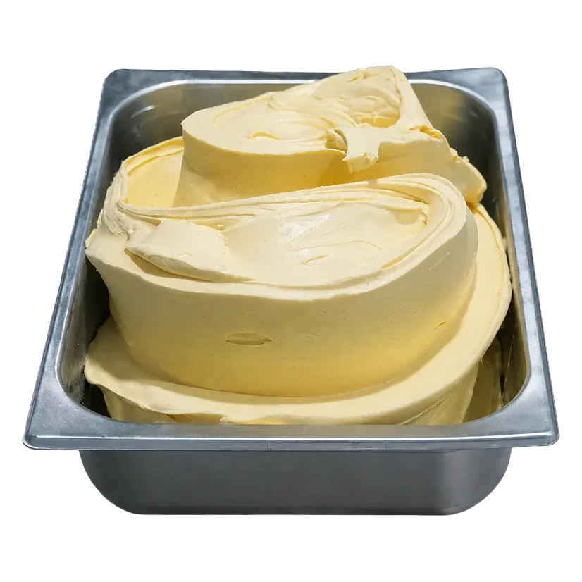 Cubeta de gelato de vainilla bourbon en la vitrina de Temperato