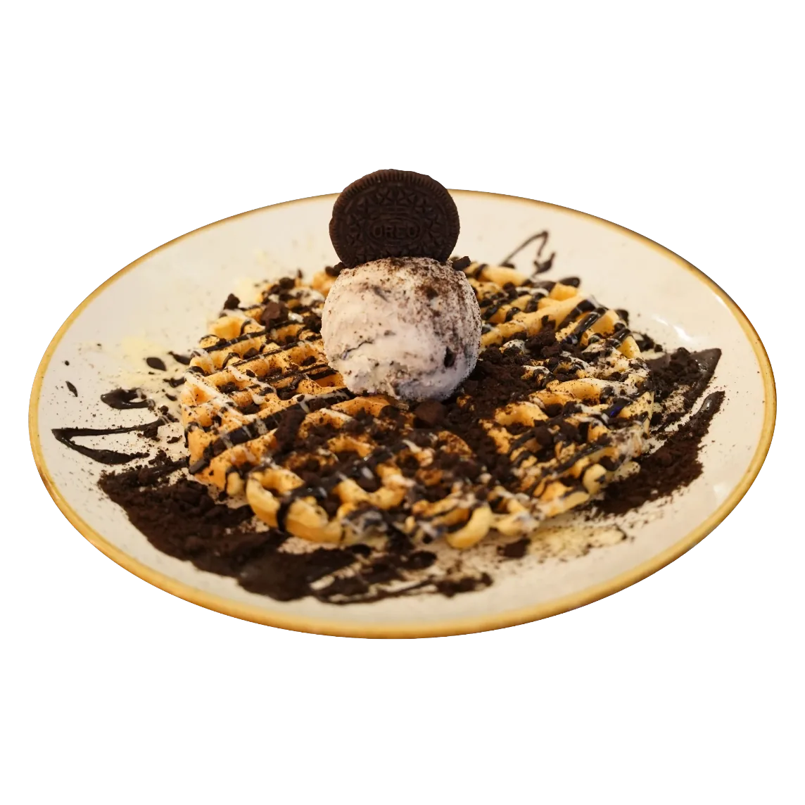 Gofre de Temperato con bola de helado, galleta y sirope