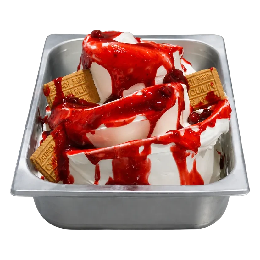 Cubeta de gelato de cheesecake en la vitrina de Temperato