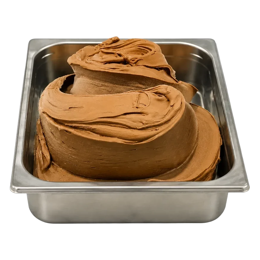 Cubeta de gelato de 62% brazilian chocolate en la vitrina de Temperato
