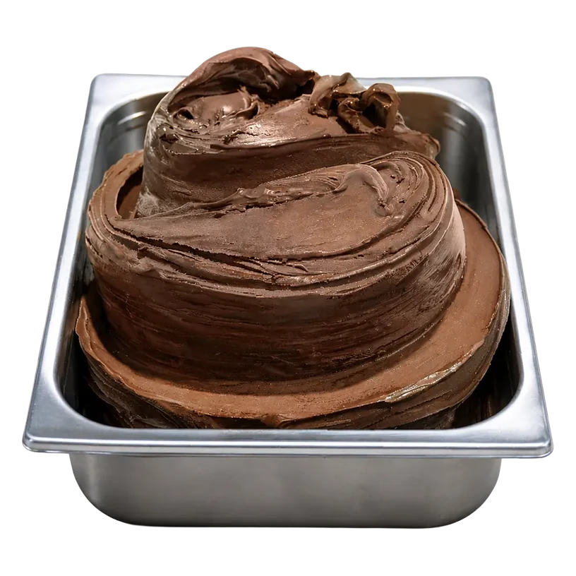 Cubeta de gelato de madagascar chocolate en la vitrina de Temperato