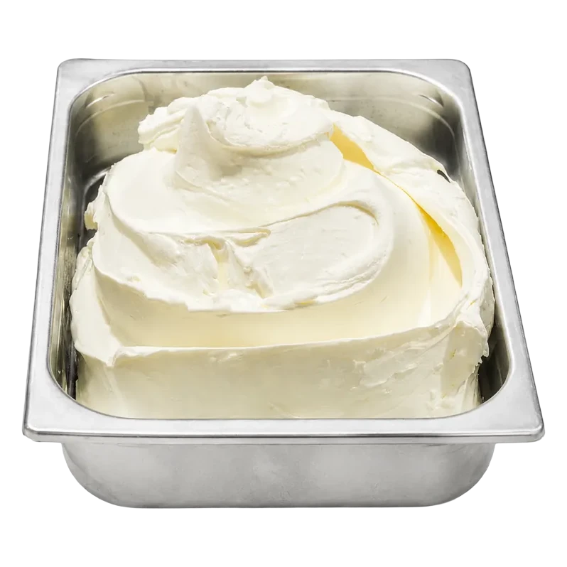Cubeta de gelato de coconut en la vitrina de Temperato