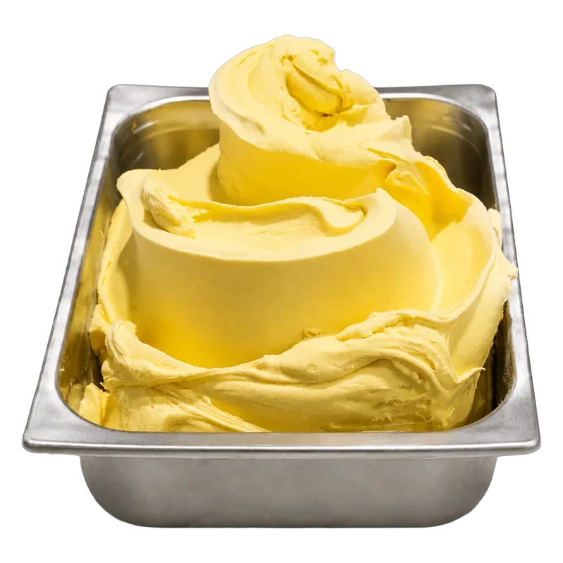 Cubeta de gelato de mango en la vitrina de Temperato