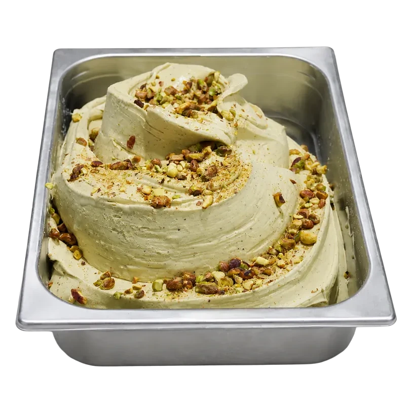 Cubeta de gelato de sicilian pistachio en la vitrina de Temperato